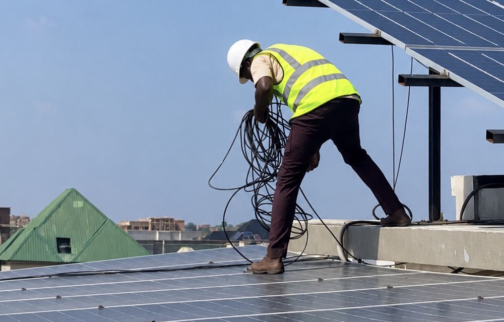 Technician in a safety vest and helmet installing solar panels on a rooftop in Nigeria